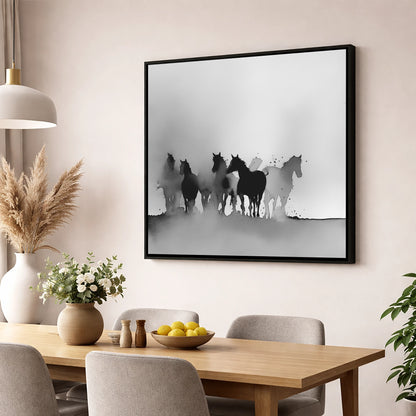 Ethereal Herd Silhouettes wild horses wall art displayed in a dining room