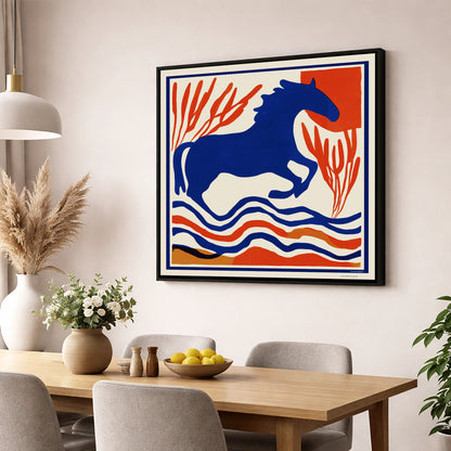 The Cobalt Leap wild horses wall art displayed in a dining room