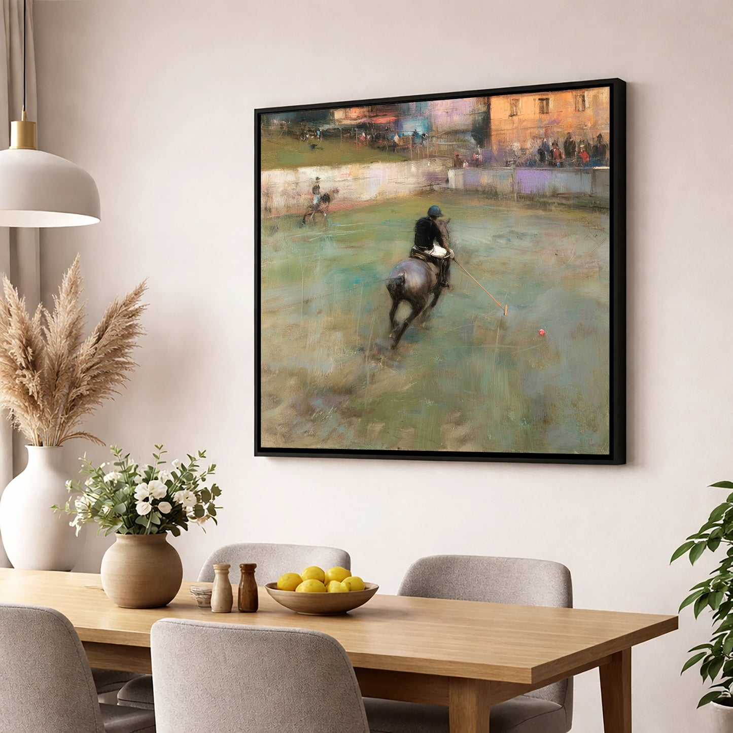 The Breakaway Drive polo horse wall art displayed in a dining room