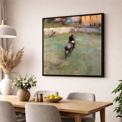 The Breakaway Drive polo horse wall art displayed in a dining room