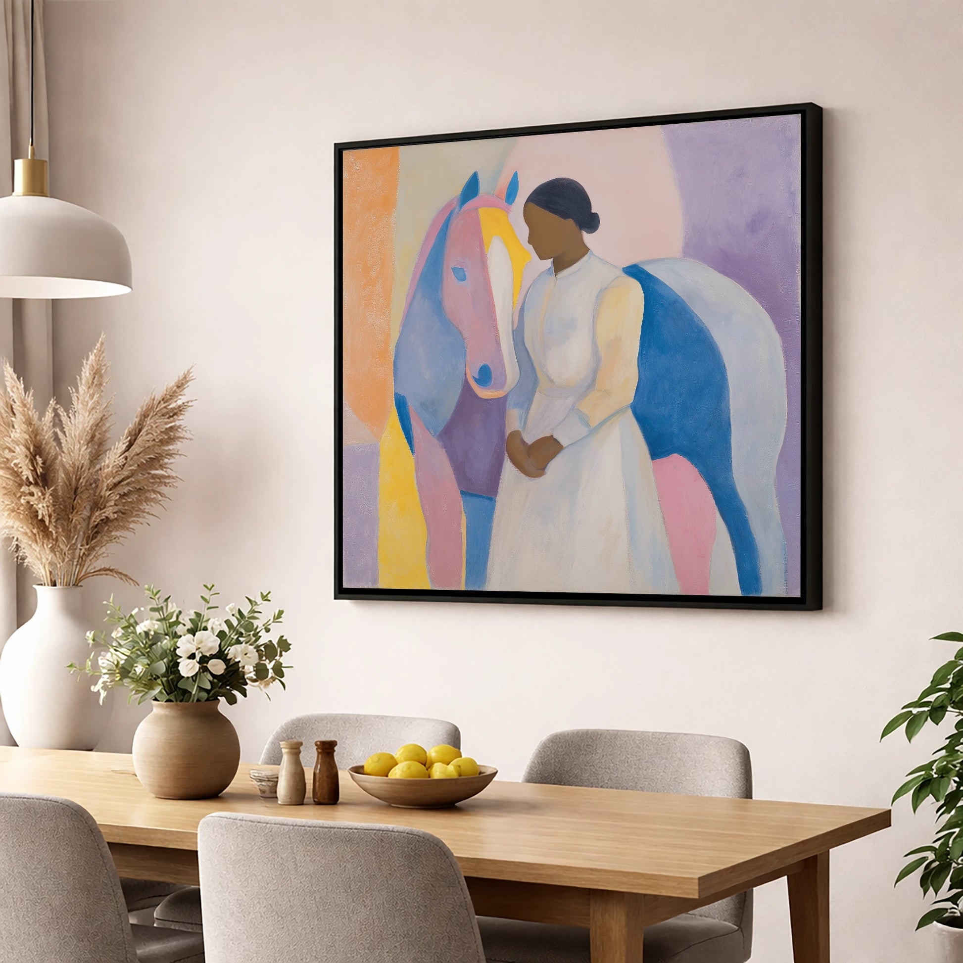 Abstract Equine Harmony horse & rider wall art displayed in a dining room