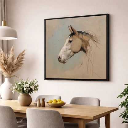 Muted Equine Profile horse portrait wall art displayed in a dining room