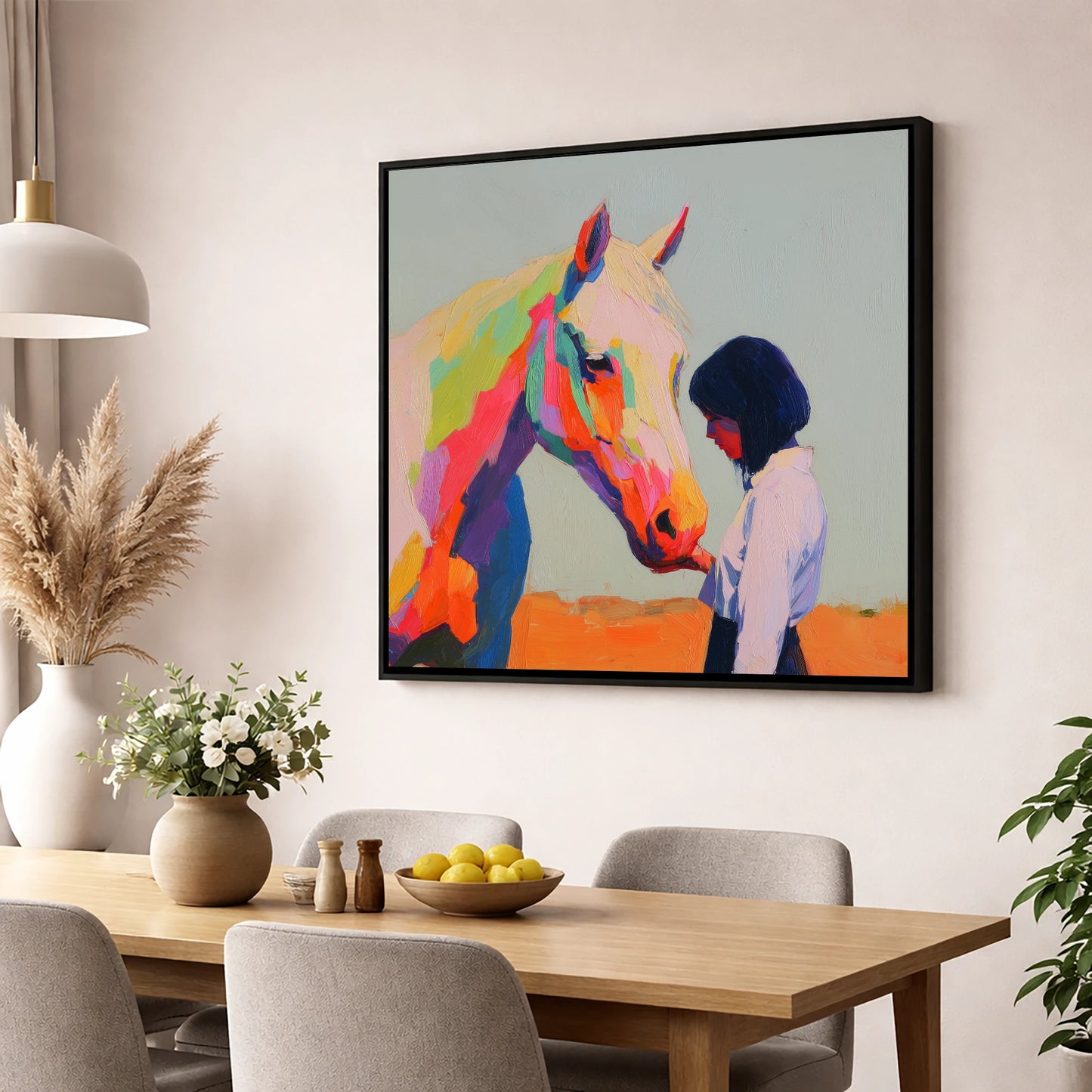 Vivid Connection horse & rider wall art displayed in a dining room