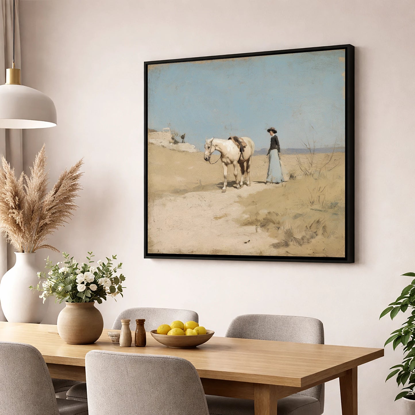 The Long Ride Home horse & rider wall art displayed in a dining room