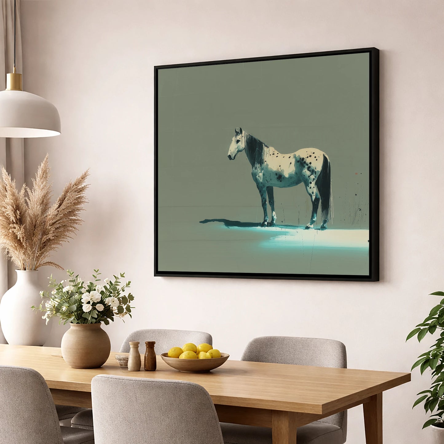 Teal Shadow Appaloosa horse breed wall art displayed in a dining room