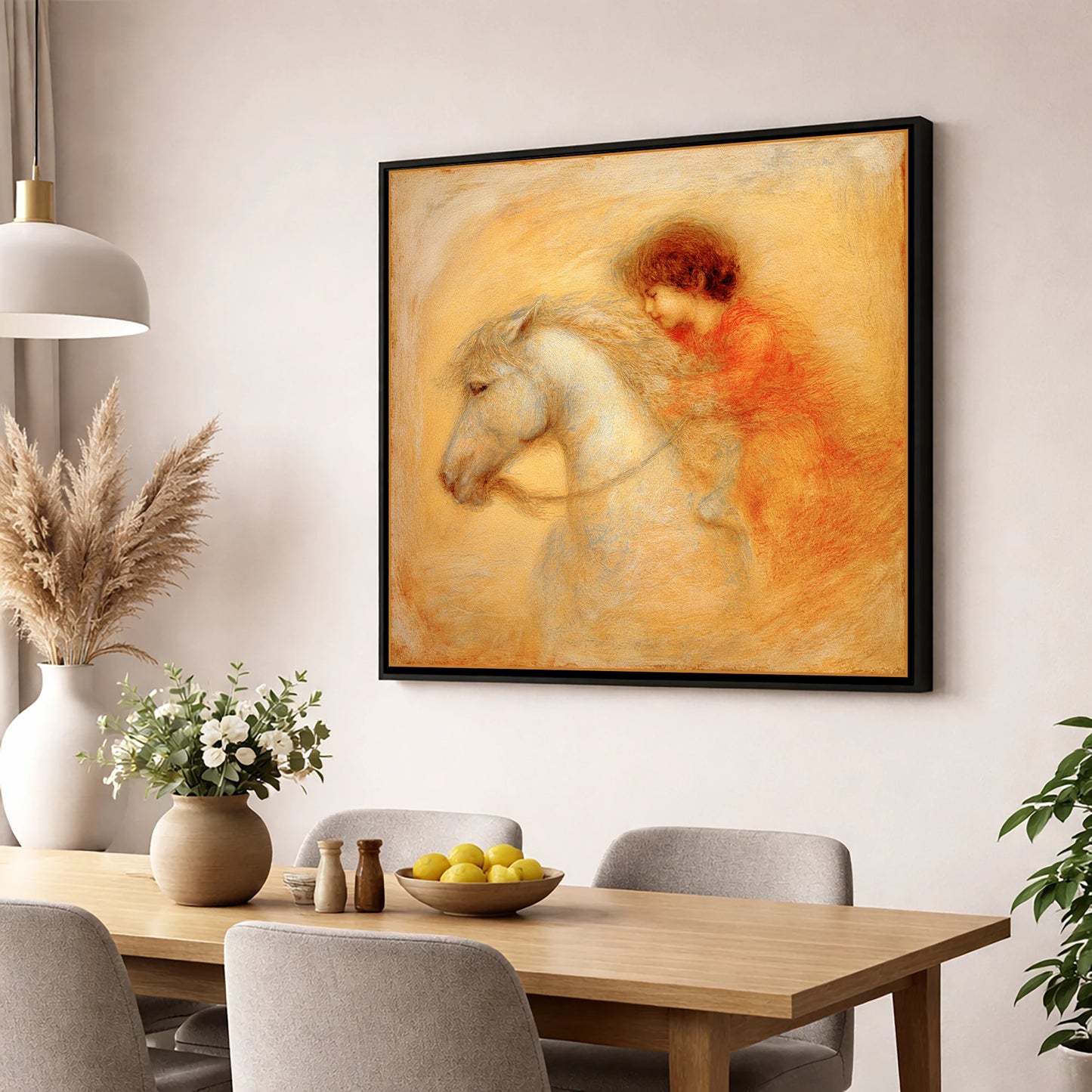 Golden Embrace horse & rider wall art displayed in a dining room