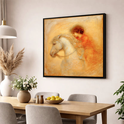 Golden Embrace horse & rider wall art displayed in a dining room
