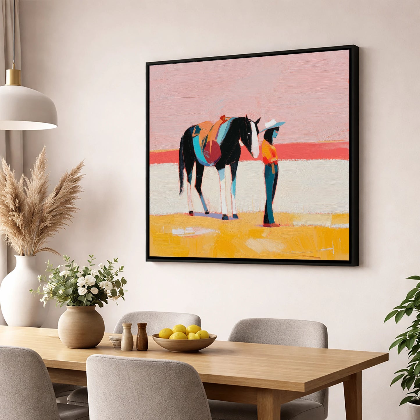 Painted Desert Rider western horse wall art displayed in a dining room
