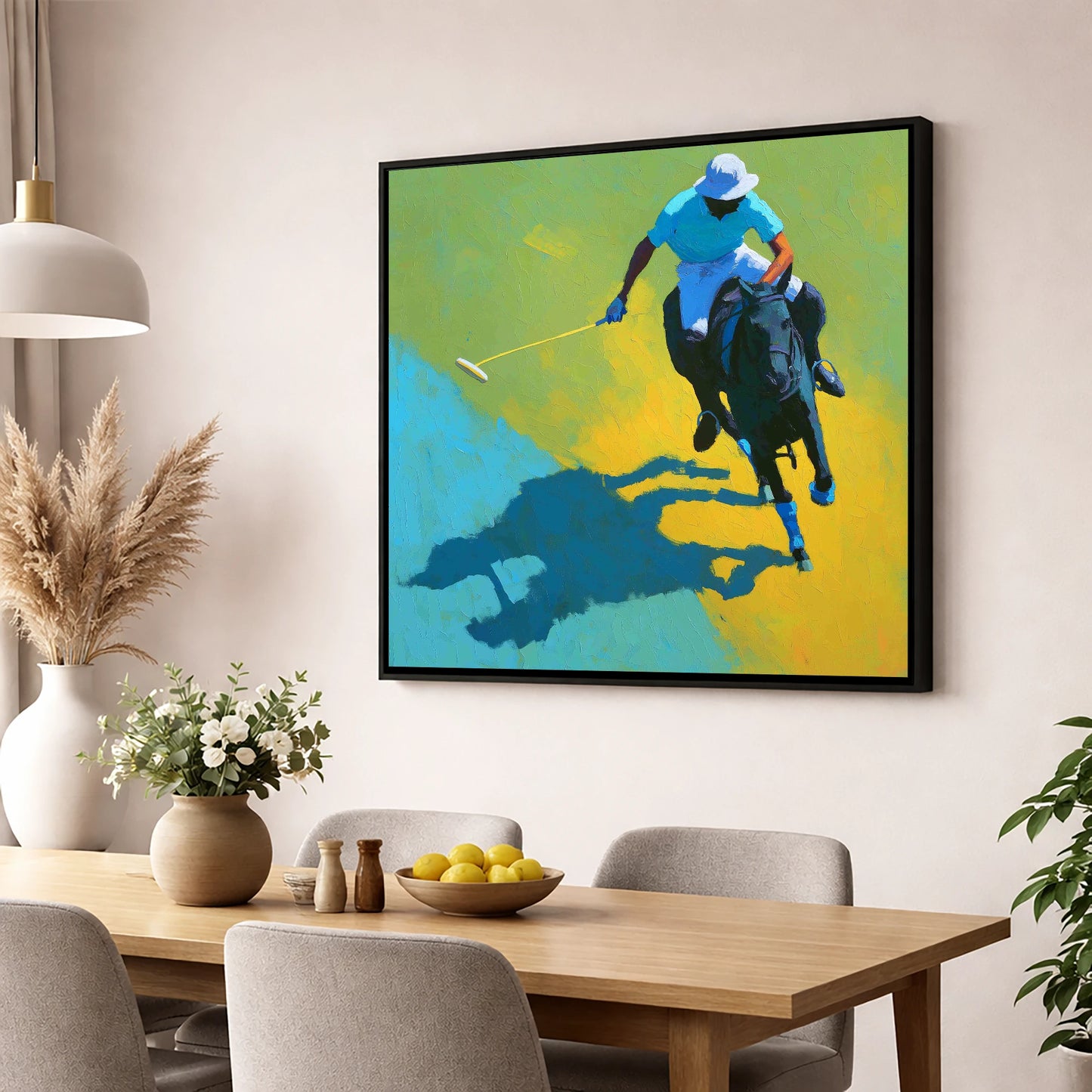 Sunlit Polo Pursuit polo horse wall art displayed in a dining room