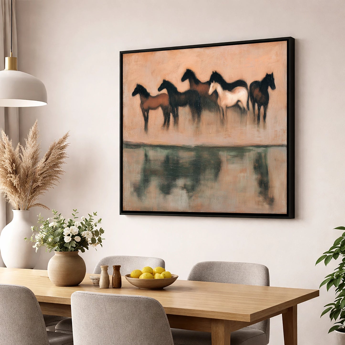 Shadows of the Herd wild horses wall art displayed in a dining room