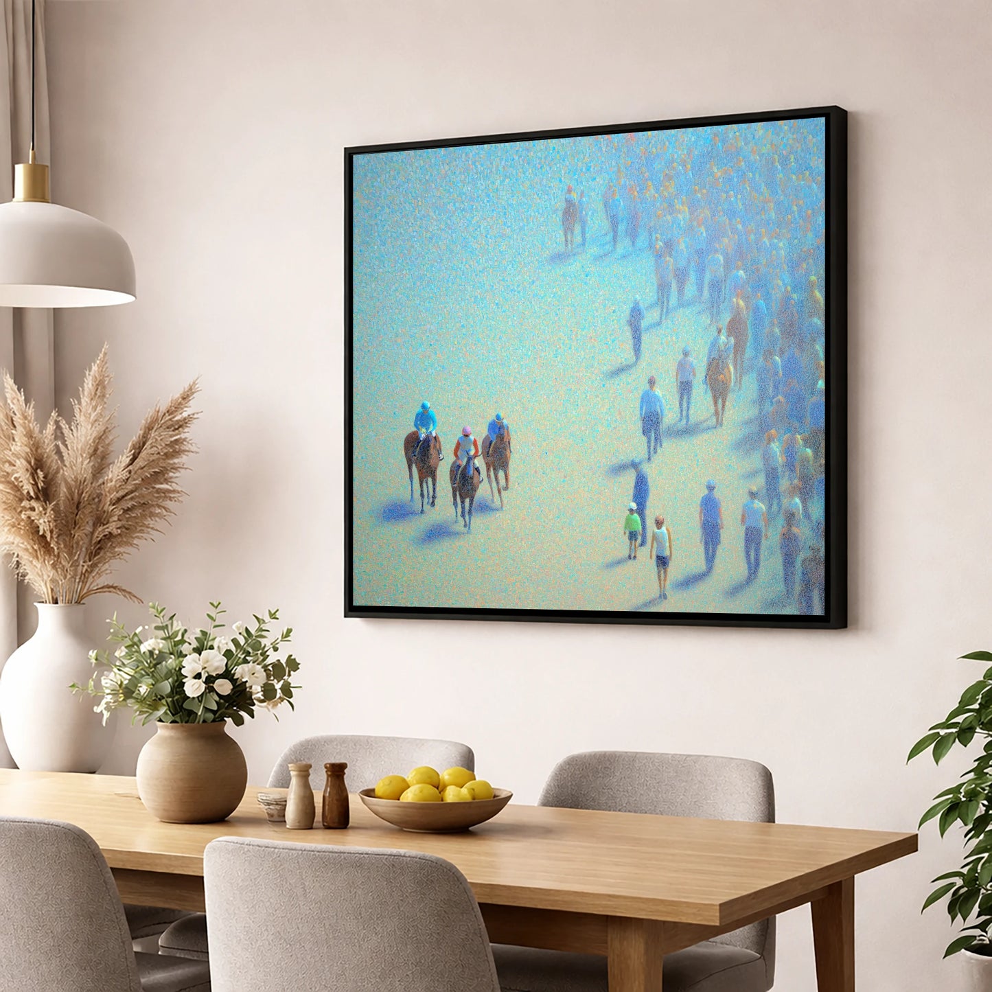 Turquoise Racing Haze racing horse wall art displayed in a dining room