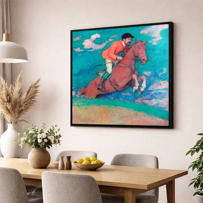 The Crimson Chase racing horse wall art displayed in a dining room