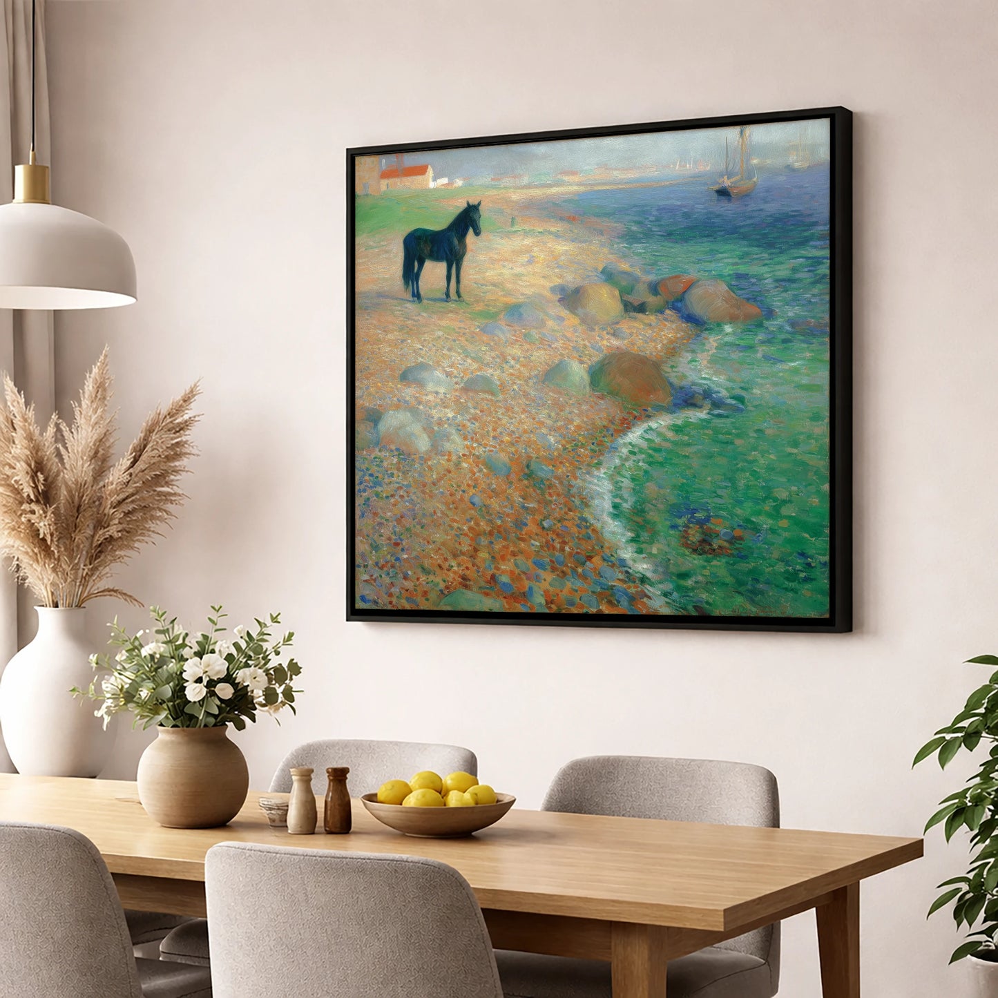 Shoreline Solitude horse landscape wall art displayed in a dining room