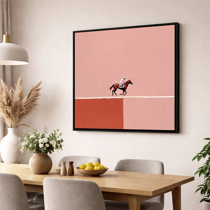 Dusty Rose Canter racing horse wall art displayed in a dining room