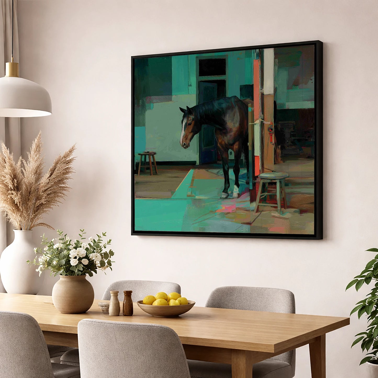 Quiet Yard in Teal horse stable wall art displayed in a dining room