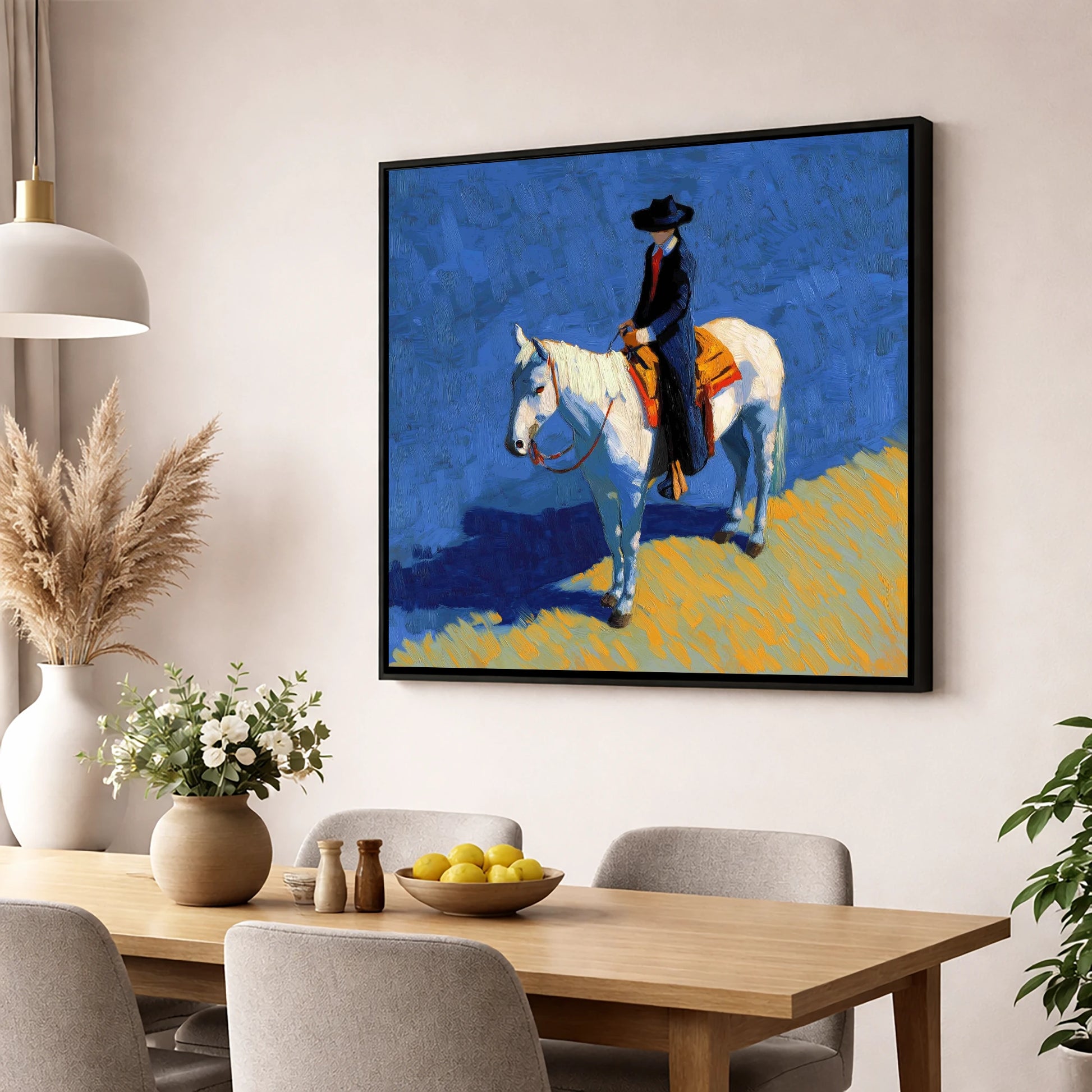 Vaquero in Blue western horse wall art displayed in a dining room