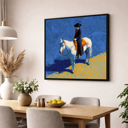 Vaquero in Blue western horse wall art displayed in a dining room