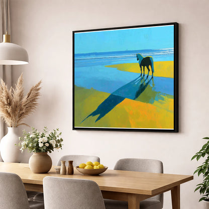 Azure Shoreline Silhouette horse landscape wall art displayed in a dining room