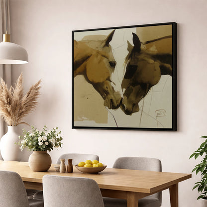 A Silent Bond horse portrait wall art displayed in a dining room