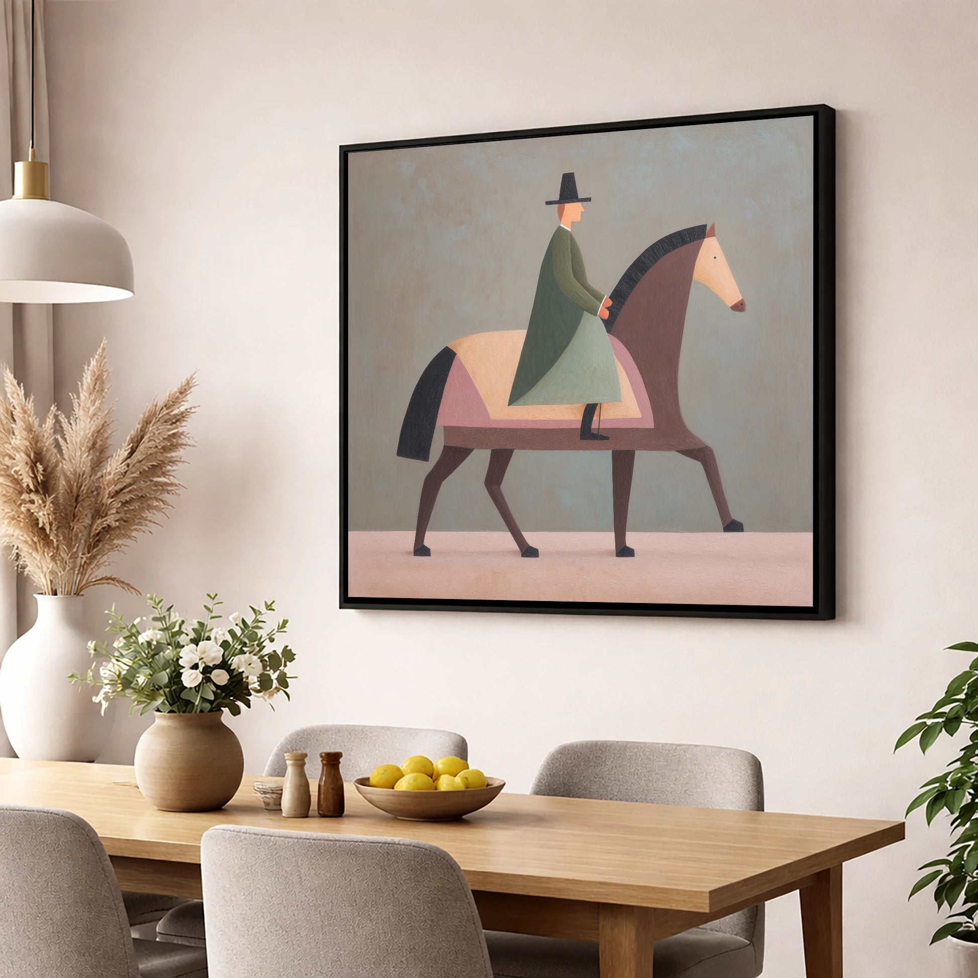 Structured Harmony dressage horse wall art displayed in a dining room