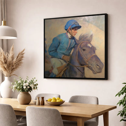 The Cerulean Silks racing horse wall art displayed in a dining room