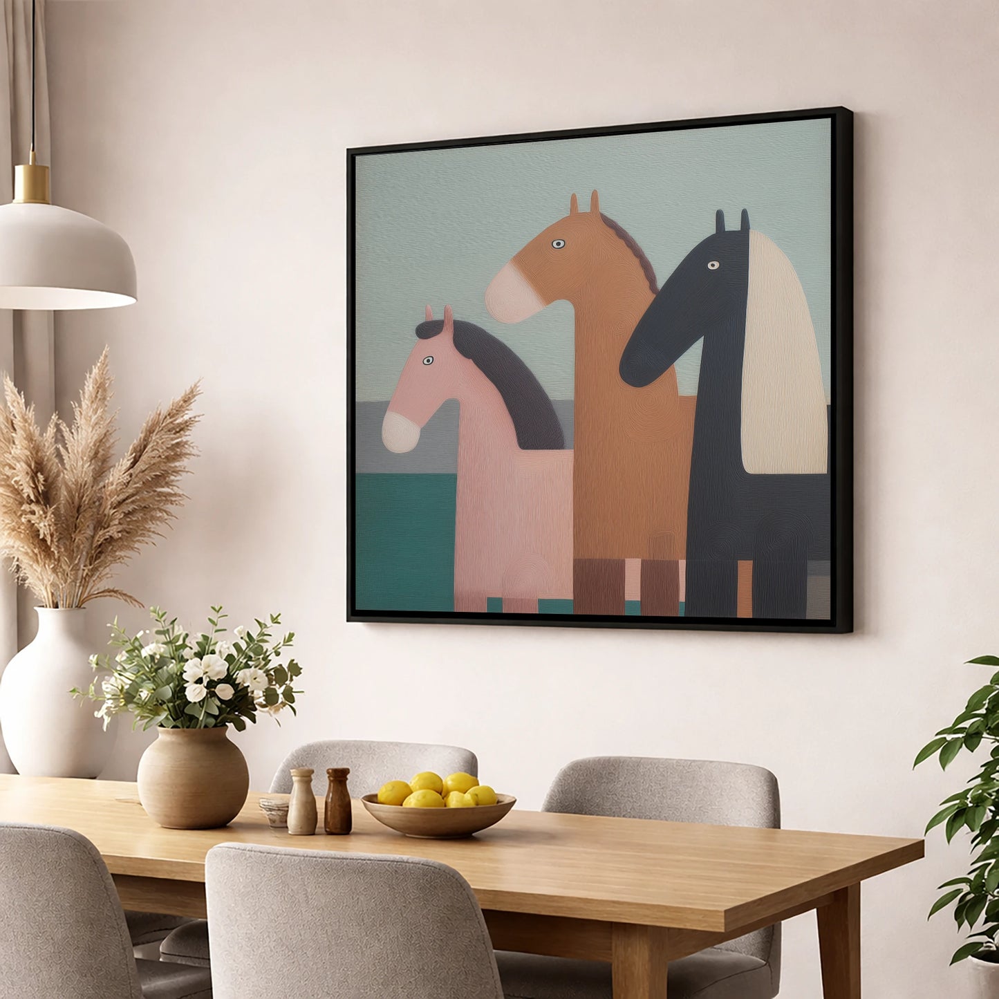 Muted Companions horse landscape wall art displayed in a dining room