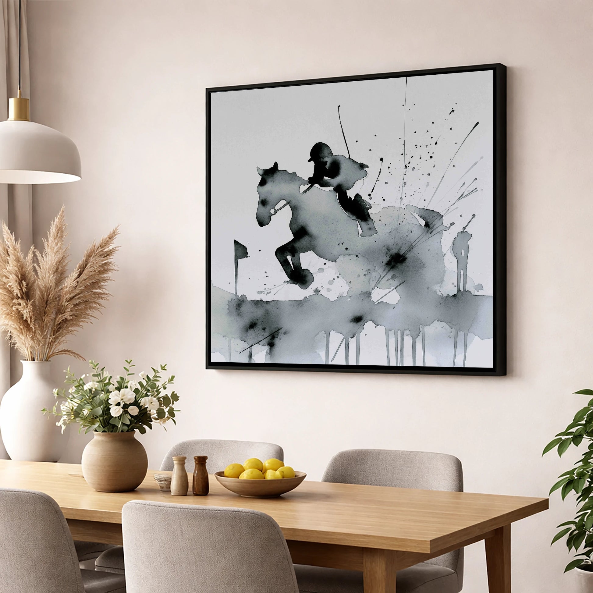 The Bold Clearance show jumping horse wall art displayed in a dining room