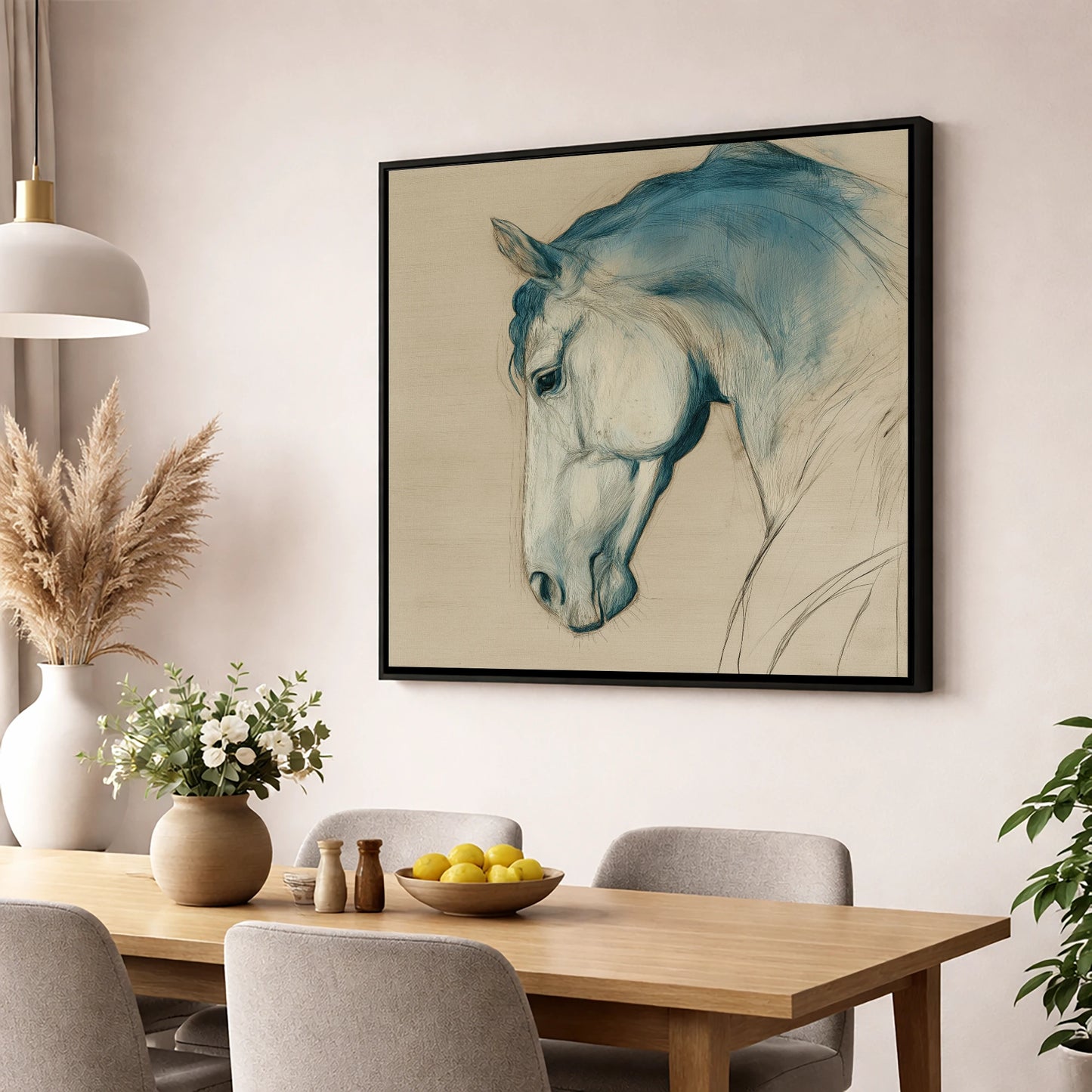 Teal Wash Equine Profile horse portrait wall art displayed in a dining room