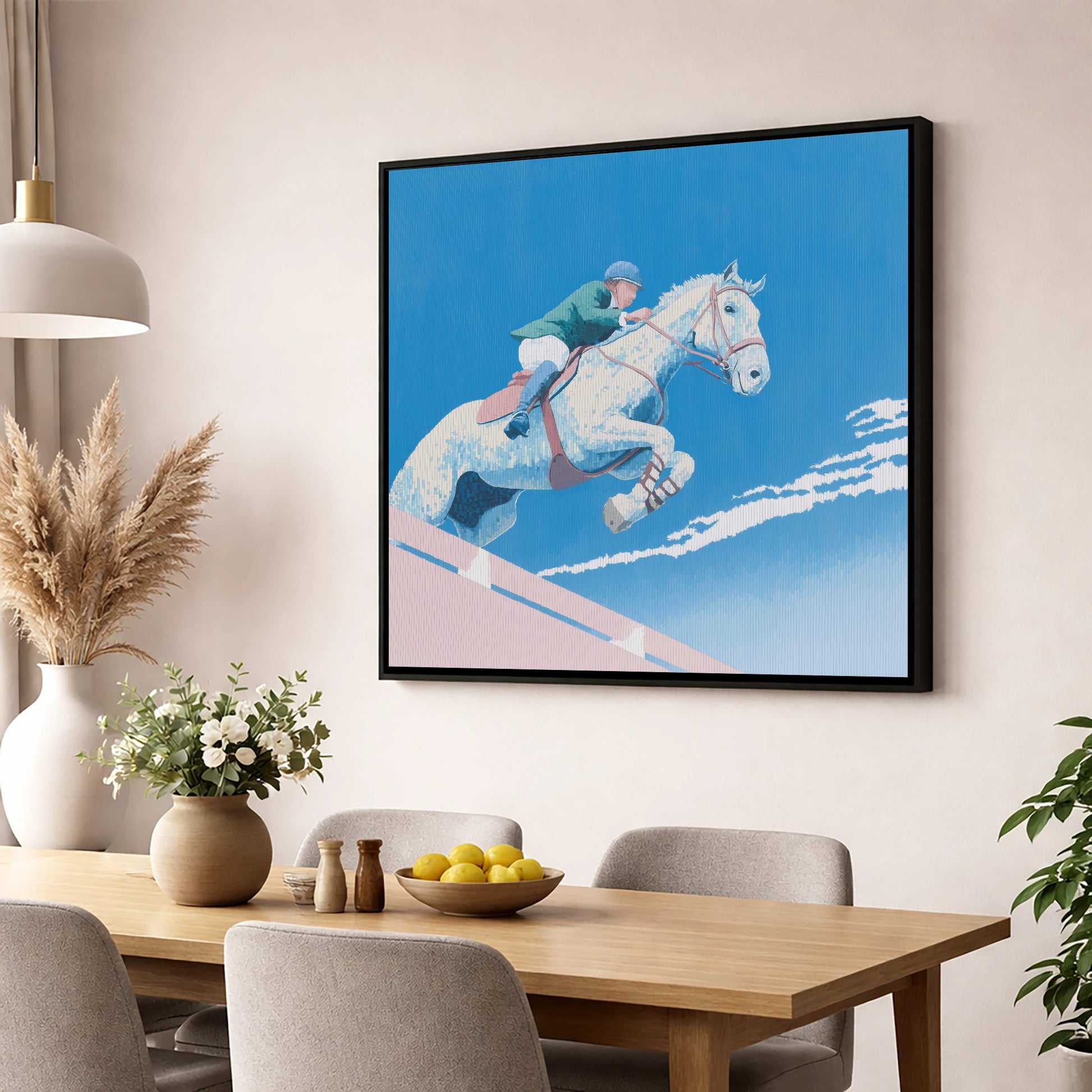 Airborne Over Blue show jumping horse wall art displayed in a dining room