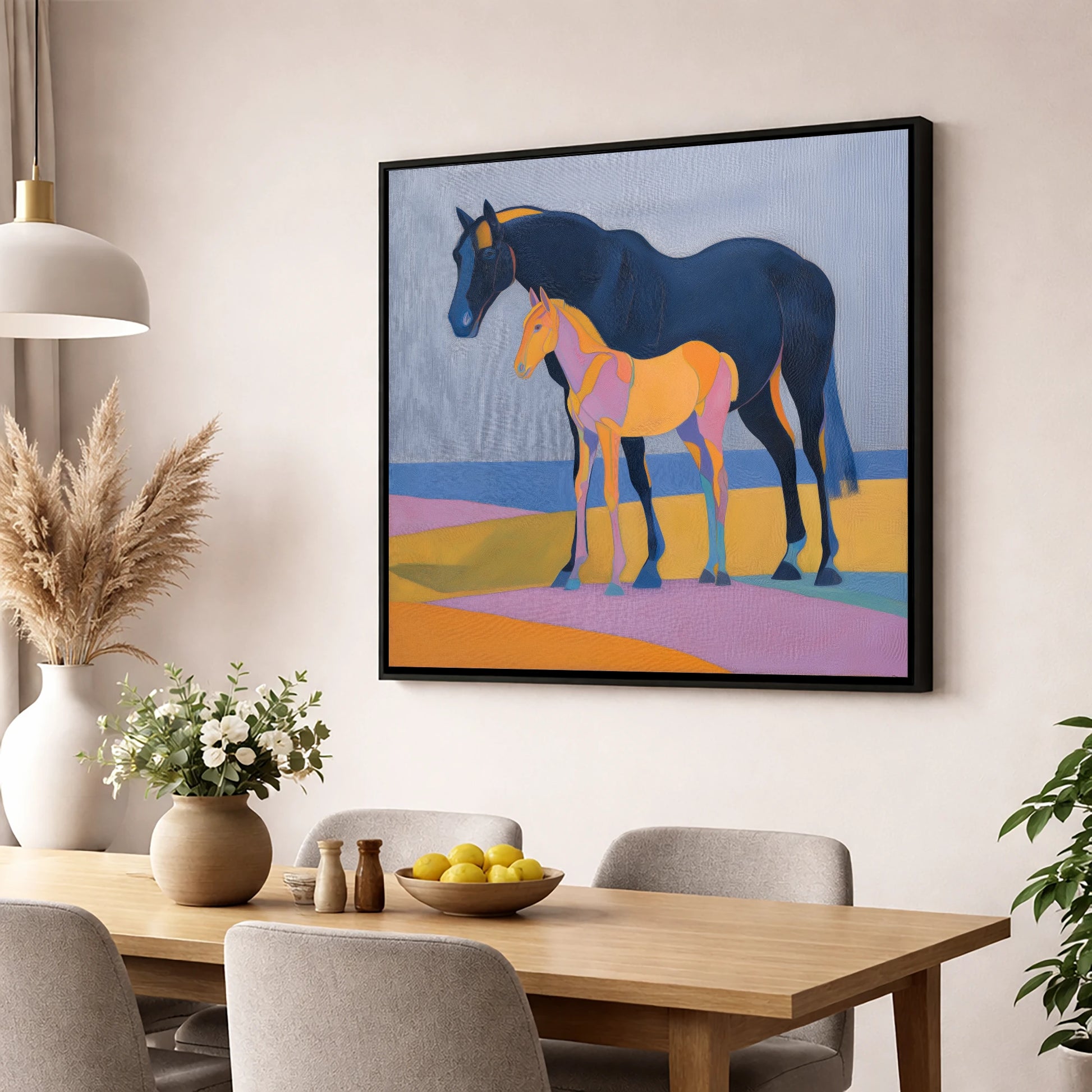 Midnight Mare Radiant Foal mare & foal wall art displayed in a dining room
