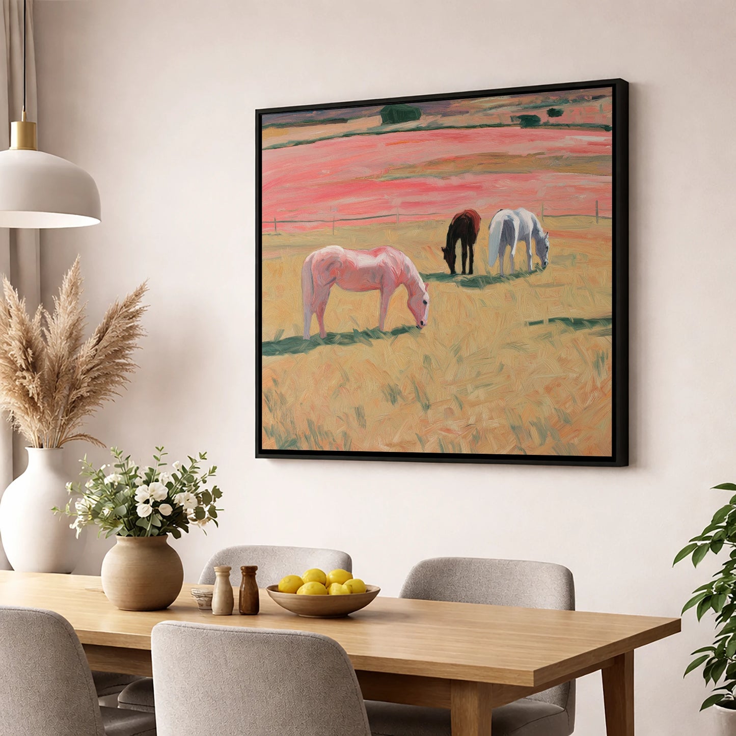 Dusky Meadow Grazing horse landscape wall art displayed in a dining room