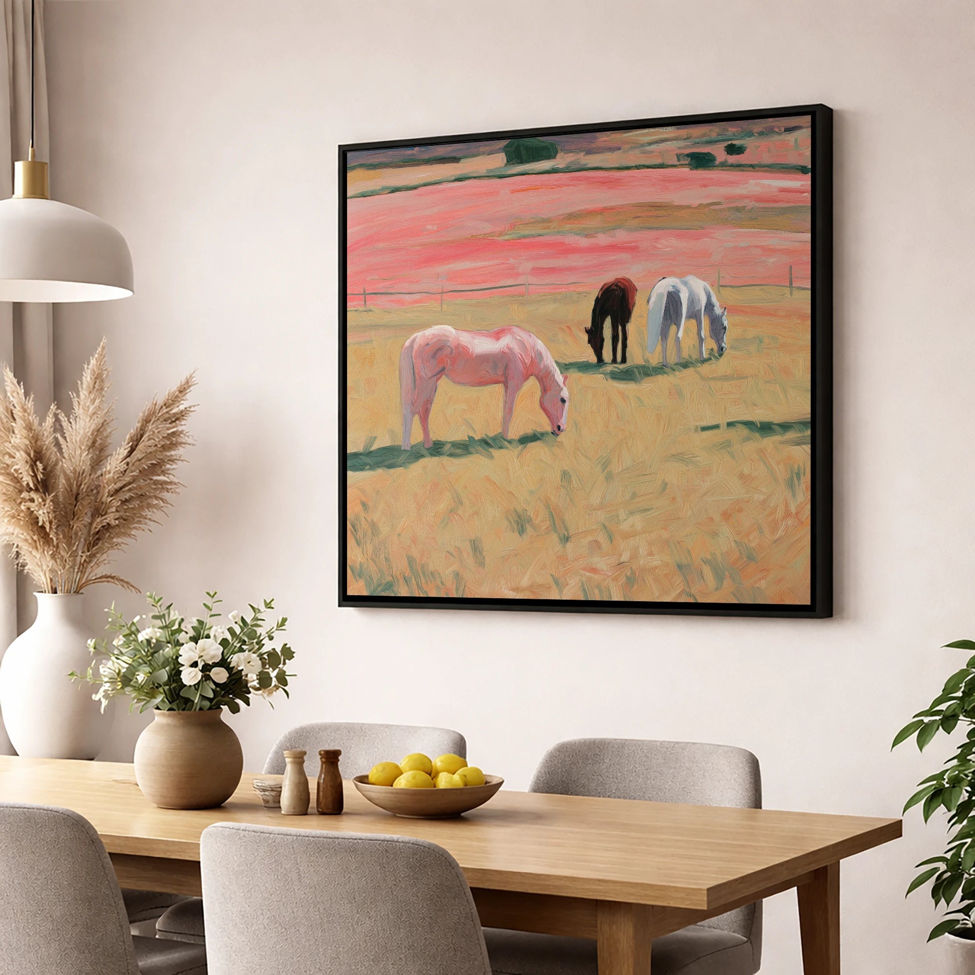 Dusky Meadow Grazing horse landscape wall art displayed in a dining room