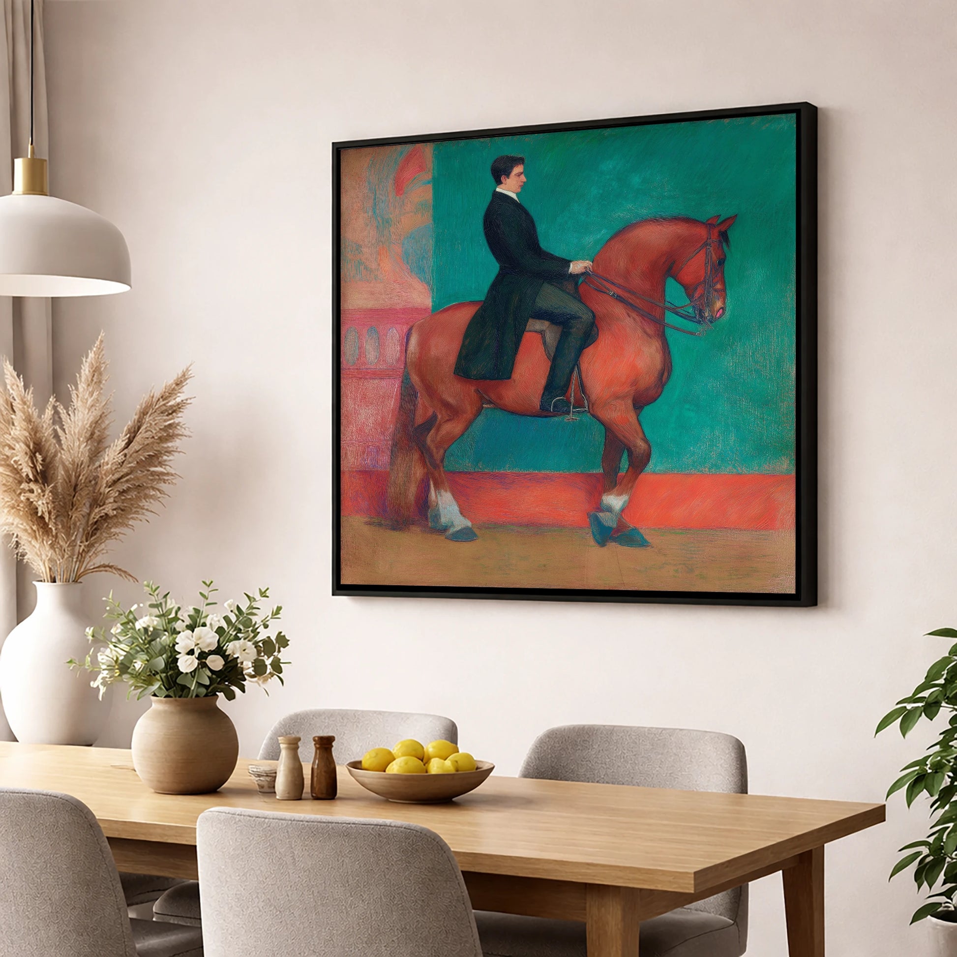 Collected Chestnut in Emerald dressage horse wall art displayed in a dining room
