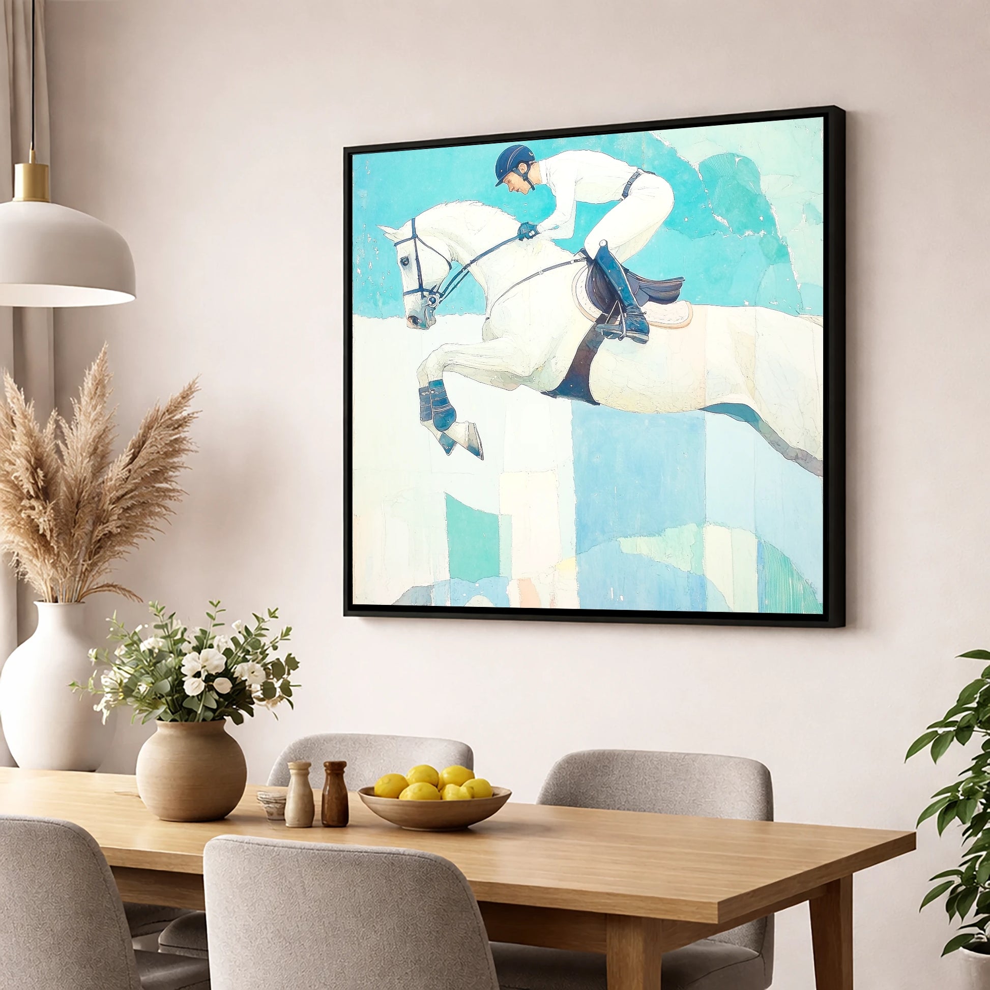 Teal Ascent show jumping horse wall art displayed in a dining room