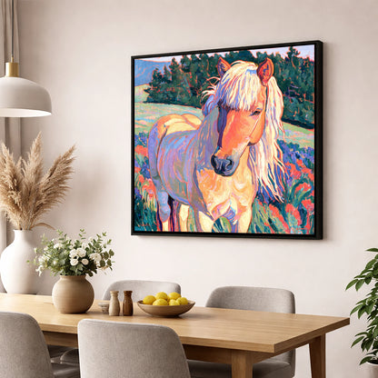 Vibrant Palomino Pony In Meadow horse breed wall art displayed in a dining room