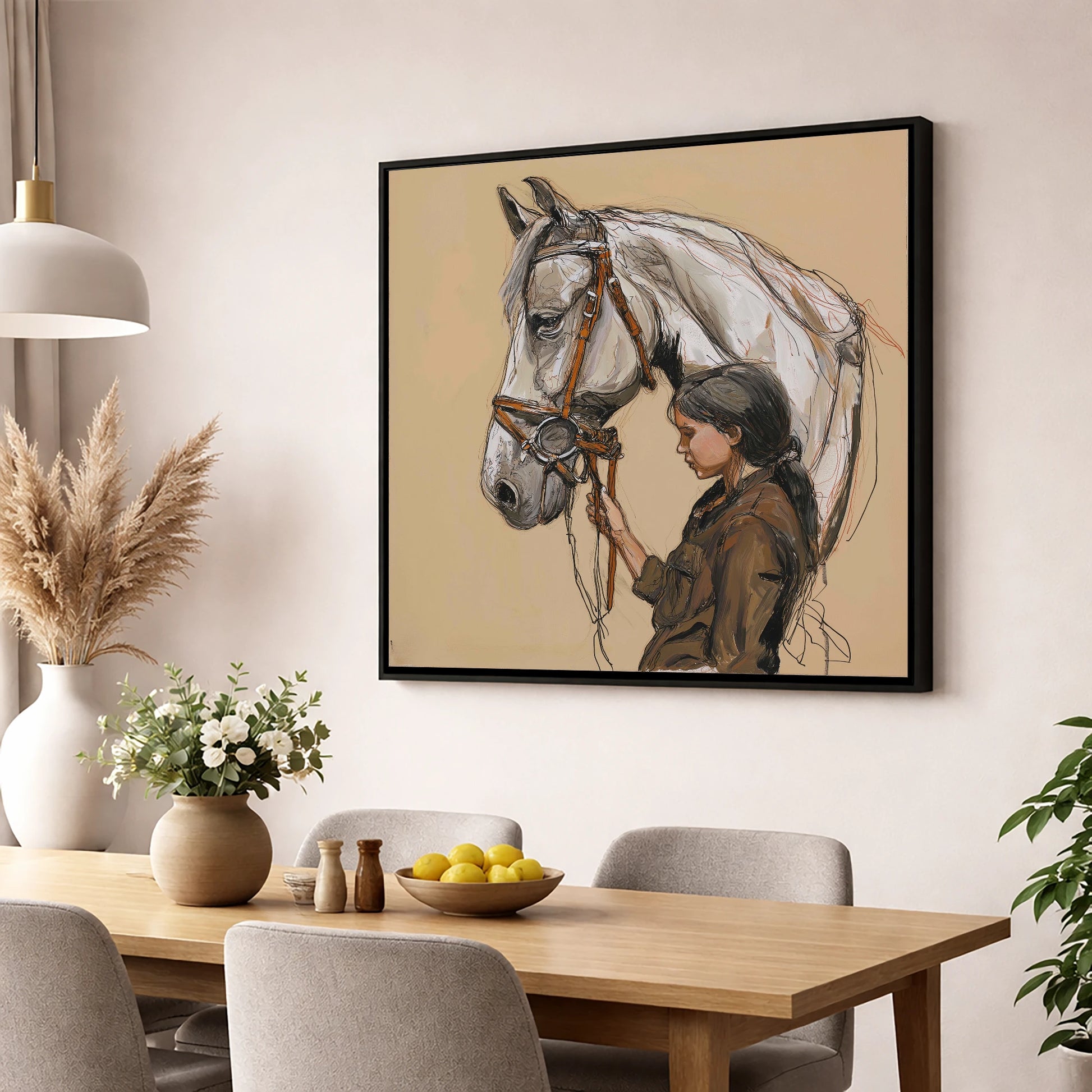 Quiet Connection horse & rider wall art displayed in a dining room