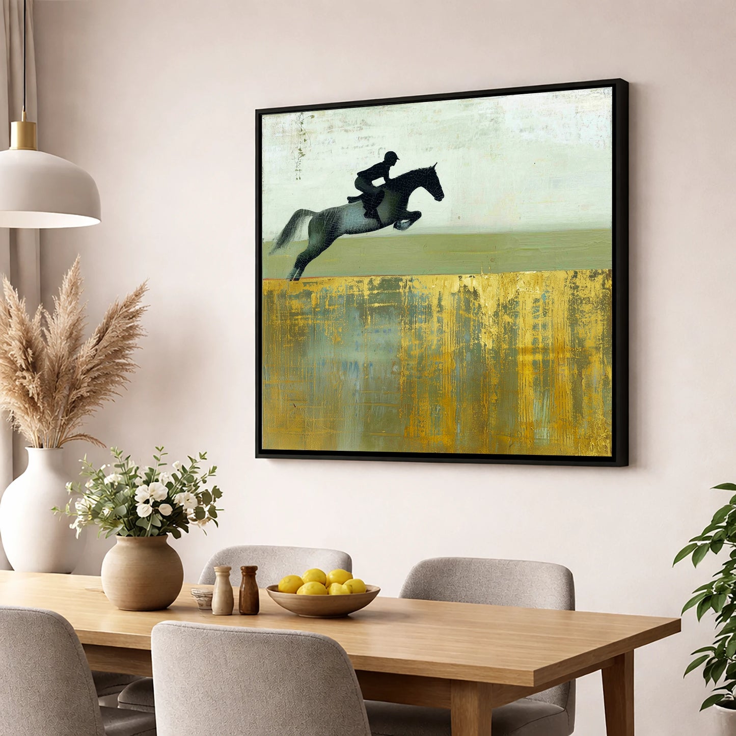 Golden Momentum show jumping horse wall art displayed in a dining room