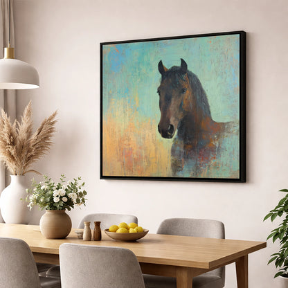 The Steadfast Bay horse portrait wall art displayed in a dining room