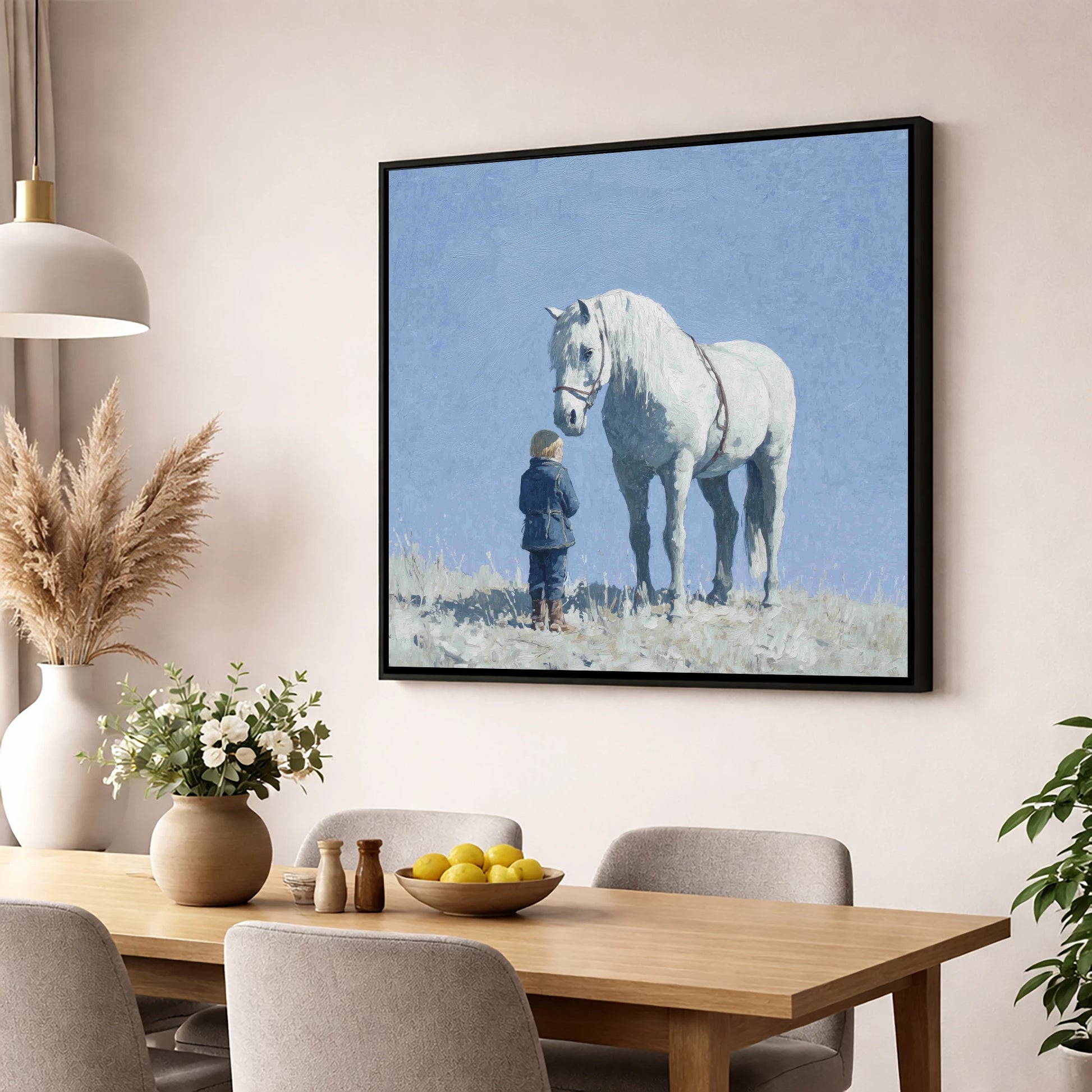 A Quiet Trust horse & rider wall art displayed in a dining room