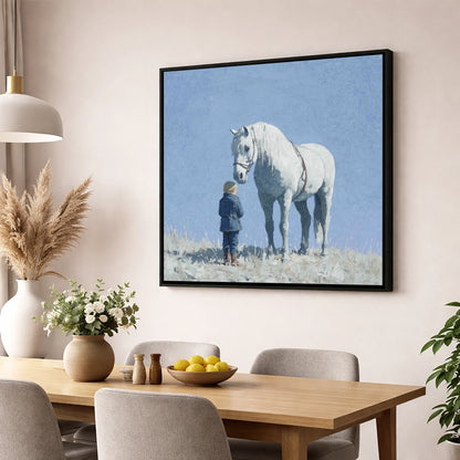 A Quiet Trust horse & rider wall art displayed in a dining room