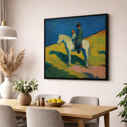 Generations in the Saddle horse & rider wall art displayed in a dining room