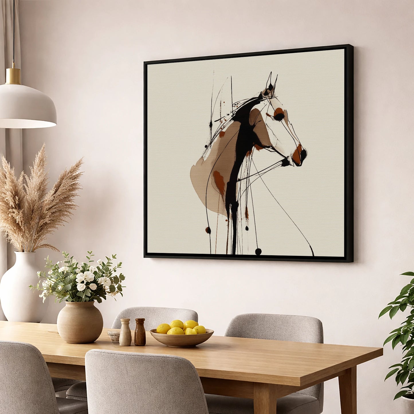 Dynamic Sepia Profile horse portrait wall art displayed in a dining room