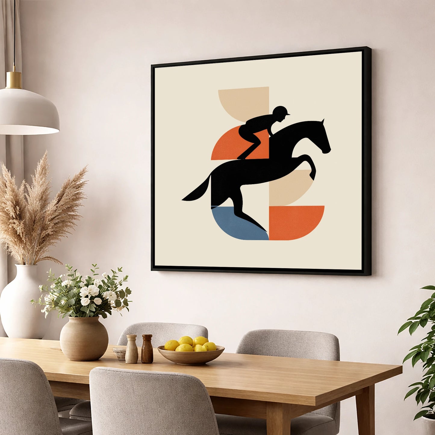 Geometric Steeplechase racing horse wall art displayed in a dining room