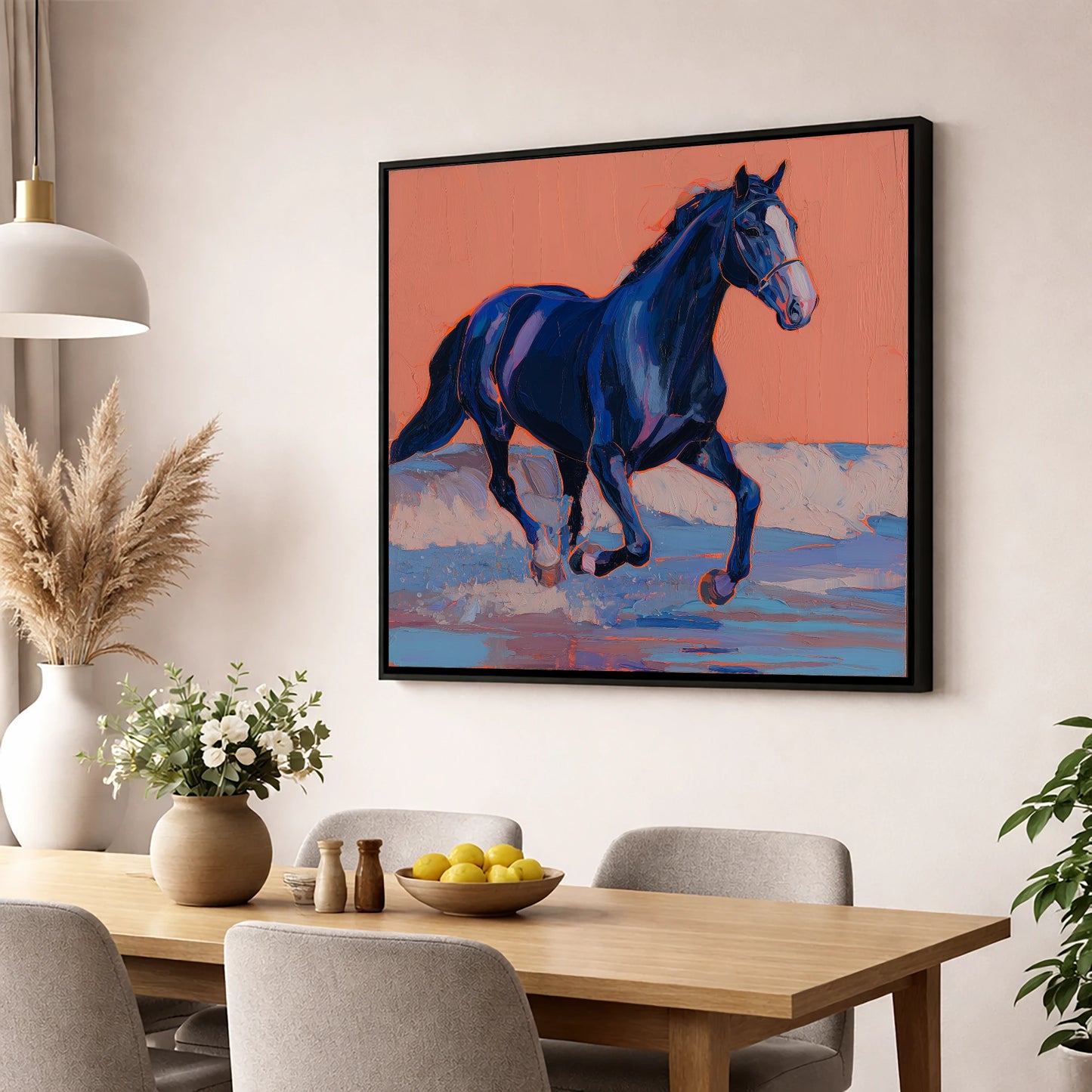 Vibrant Indigo Surf beach horse wall art displayed in a dining room