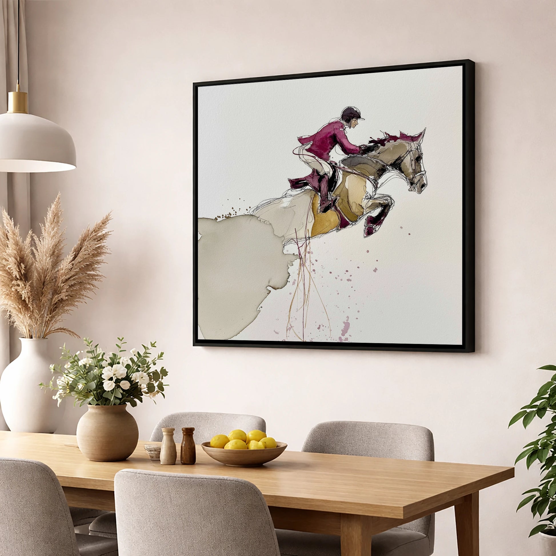 Burgundy Flight show jumping horse wall art displayed in a dining room