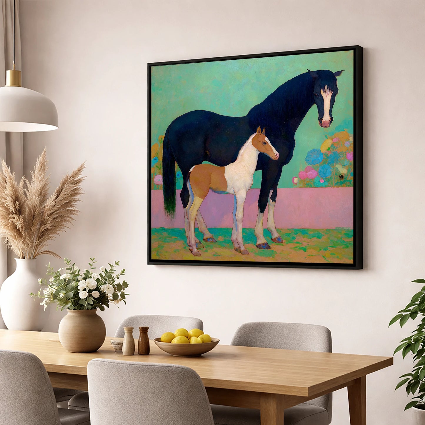 Midnight Dream Mare and Foal mare & foal wall art displayed in a dining room