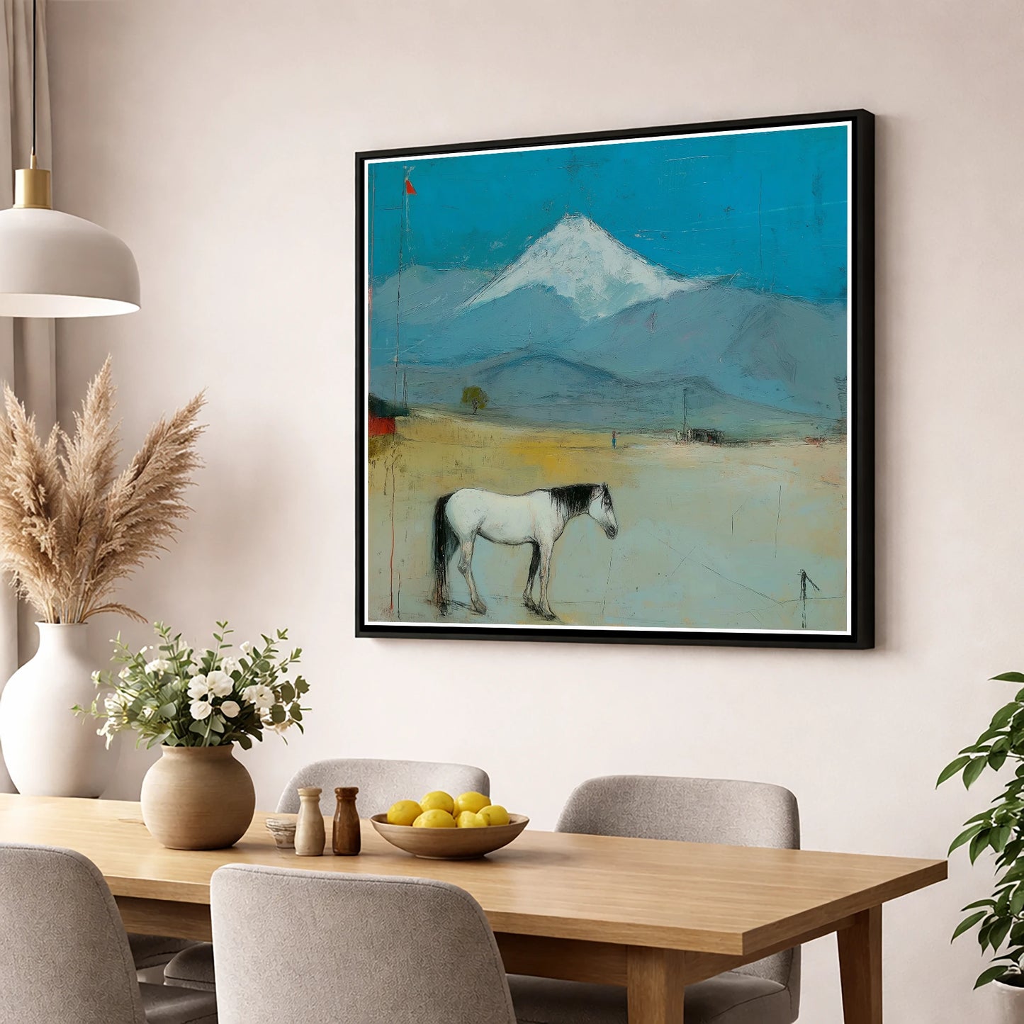 Beneath the Snow Peak horse landscape wall art displayed in a dining room