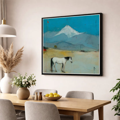 Beneath the Snow Peak horse landscape wall art displayed in a dining room