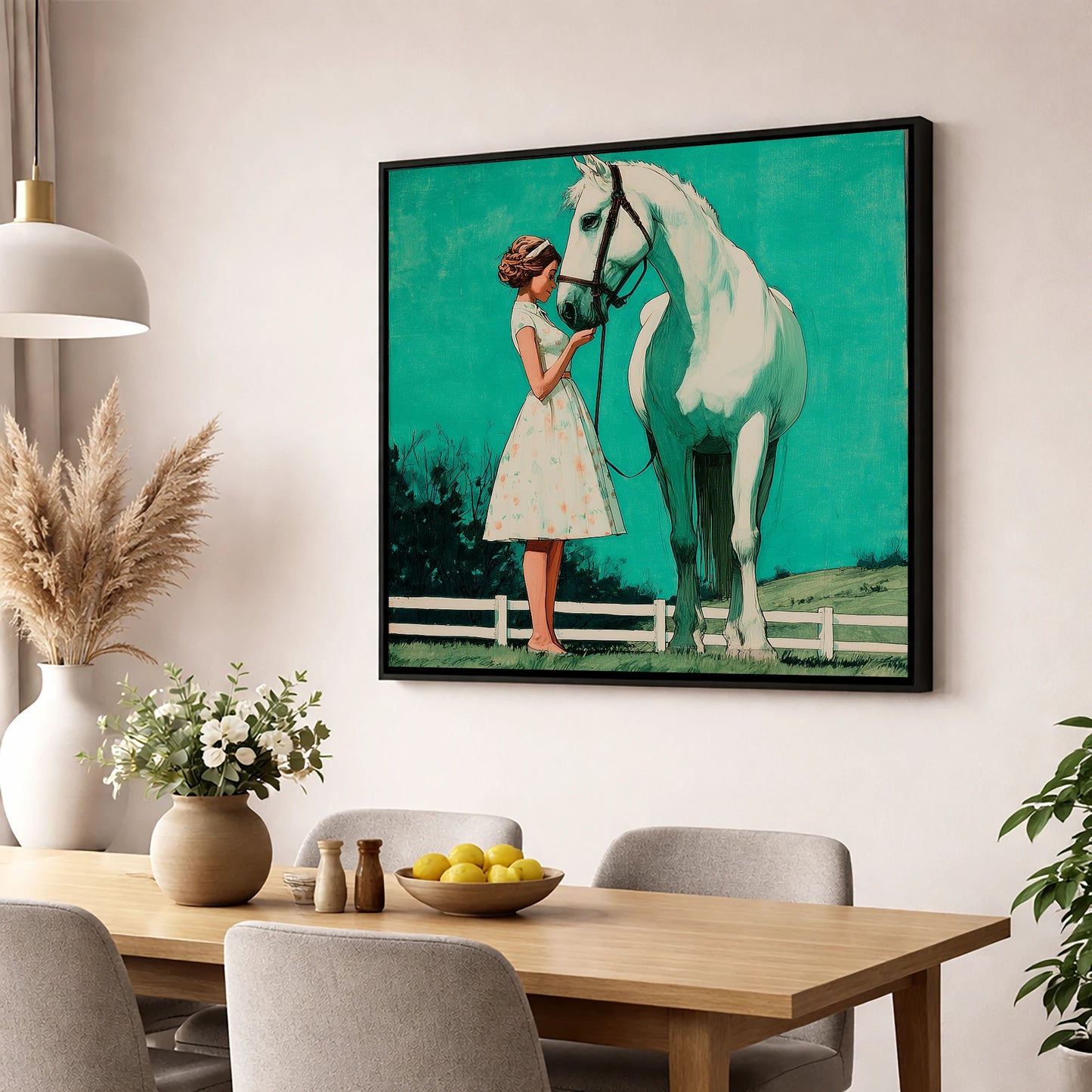 A Moment In Teal horse & rider wall art displayed in a dining room
