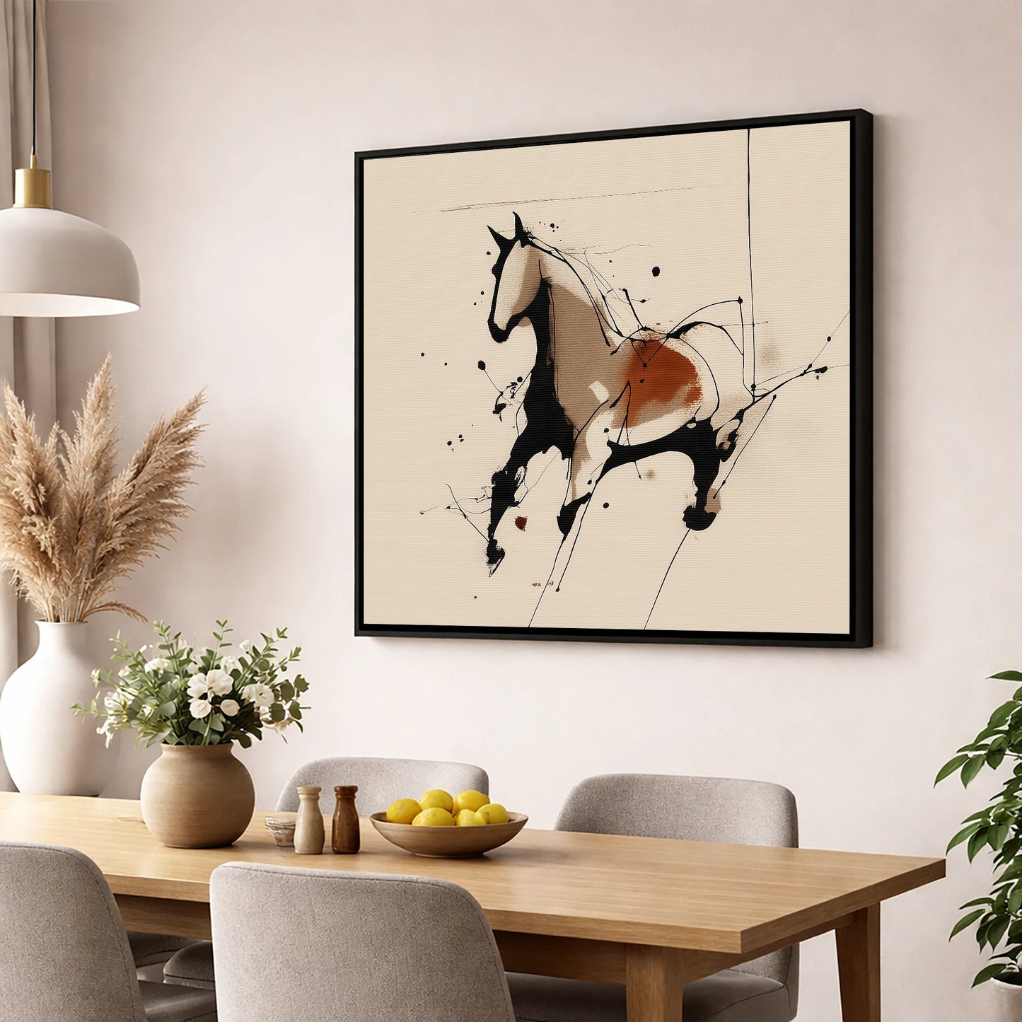 Dynamic Equine Form horse portrait wall art displayed in a dining room
